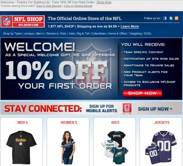 This welcome email from the NFL shop gives people a bullet list of what to expect from future emails. 