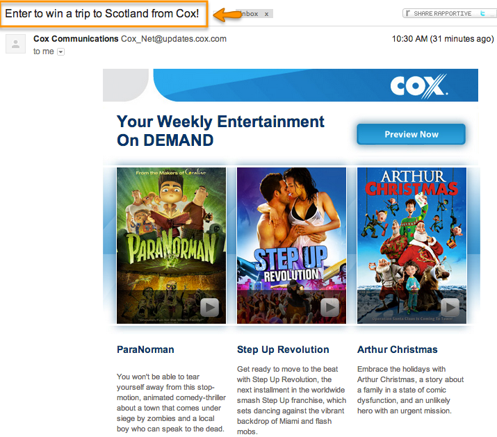 This email message from Cox Communications promised one thing in the subject line and delivered another in the message.