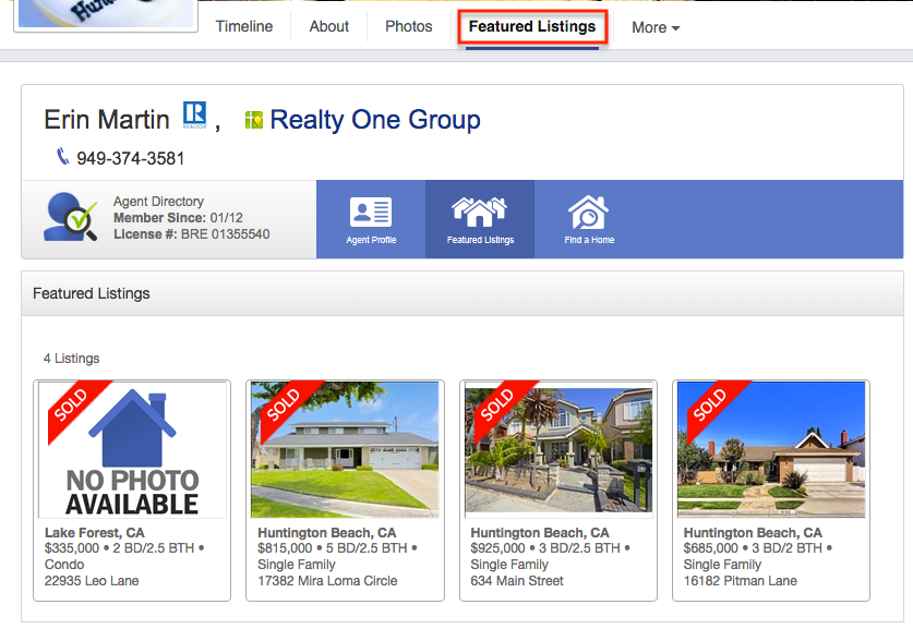 Featured listings tab on a Facebook page.
