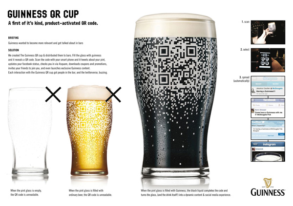 The QR code on the beer glass only shows up when the glass is filled with dark Guinness beer.