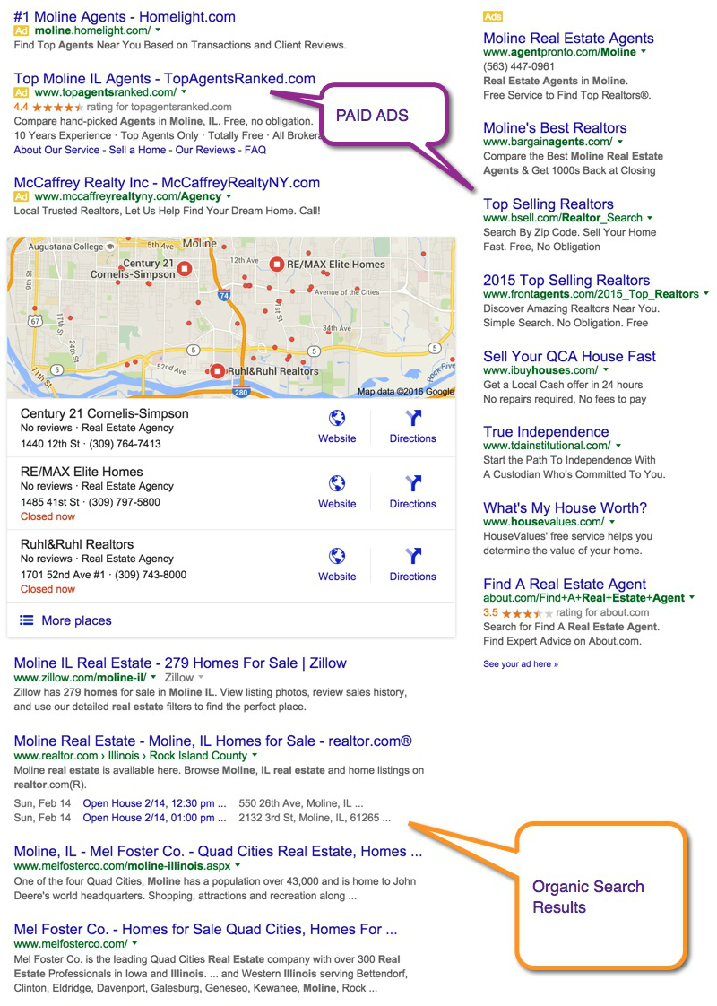 Search engine results page with organic and paid listings.