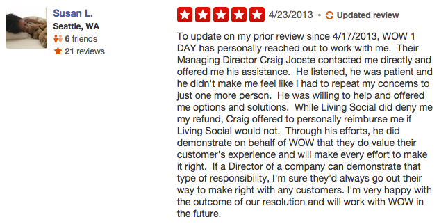 A Yelp reviewer changed her review based on the business owner's reponse.