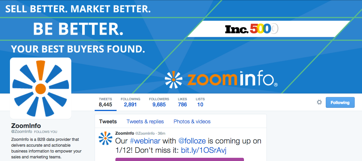 B2B data provider Zoominfo uses creative imagery and its website color scheme in its Twitter profile.