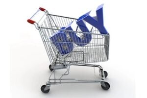 Physical shopping cart with the letters "BUY" on top