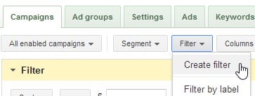 How to create a filter in Google AdWords.