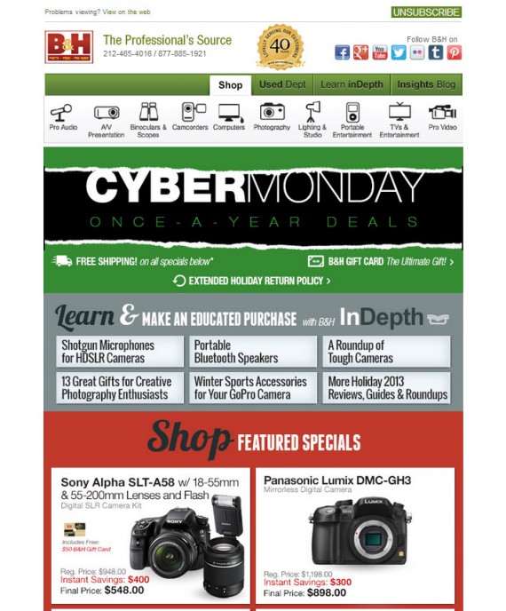 B&H provides useful content and showed the link for that content above products in its email message.