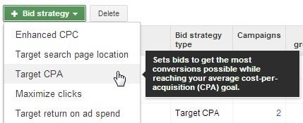 Choosing the Target CPA strategy.