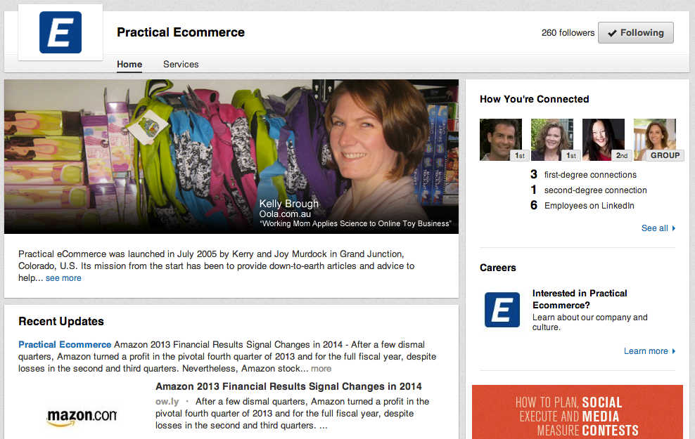 Practical Ecommerce uses a Company Page to share website content.