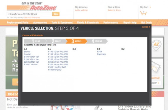 AutoZone asks users to filter before displaying results.