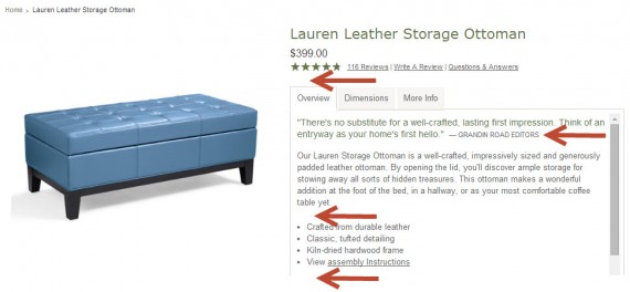 Product Page for Lauren Leather Storage Ottoman