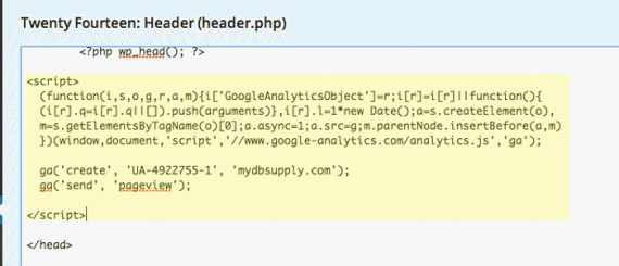 Paste the Google Analytics tracking code in place and save the changes.