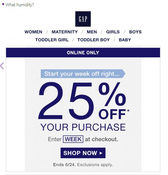 Gap's email subject line did not mention the first offer shown in the email message.
