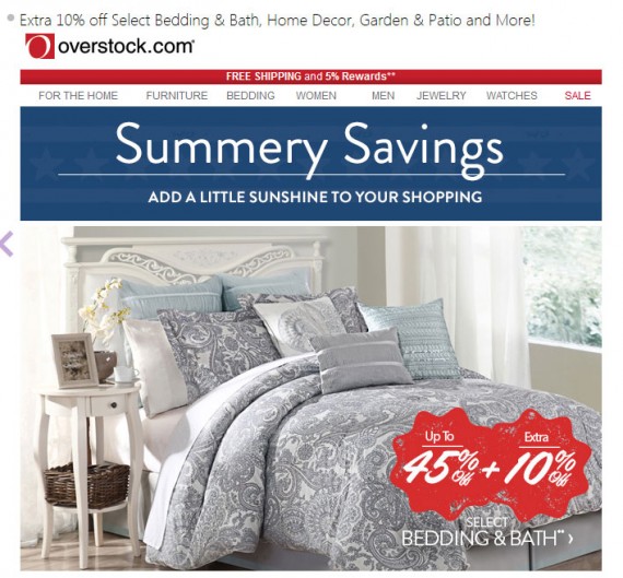 Overstock's email subject listed discounted product categories.