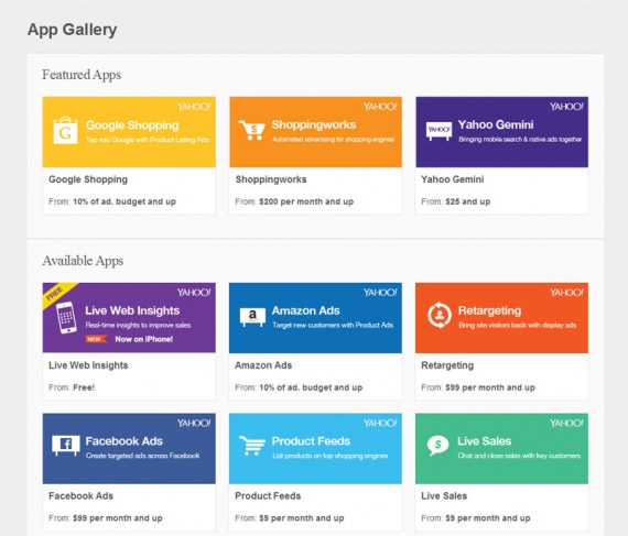 The new Yahoo Stores includes an app gallery for easy integration with other Yahoo services.