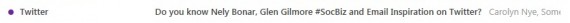 A sample Twitter email subject line, tailored to the author, that reads, "Do you know Nely Bonar, Glen Gilmore #SocBiz and Email Inspiration on Twitter?"