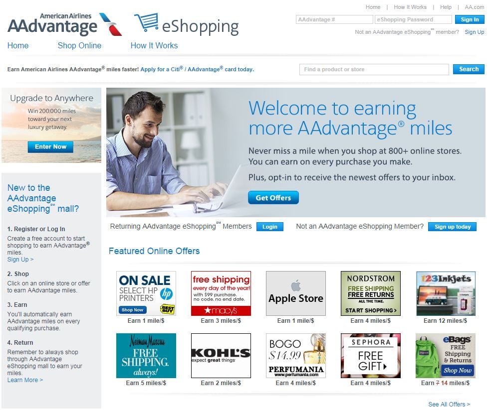 American Airlines AAdvantage eShopping is a loyalty site that awards miles per dollar spent at member retailers.