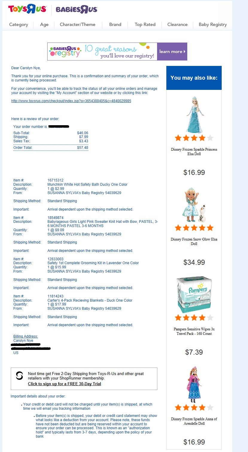 This order confirmation from Babies"R"Us contains helpful, detailed information and links to additional products to consider.