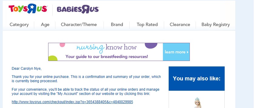 This order confirmation from Babies"R"Us includes a rotating, horizontal banner at top.