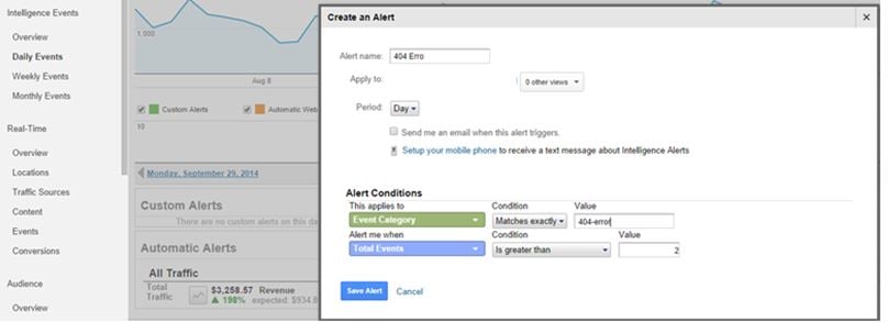 Create an Intelligence Alert that will automatically notify you whenever 404-error events are triggered on your site. Create an Intelligence Alert that will automatically notify you whenever 404-error events are triggered on your site.
