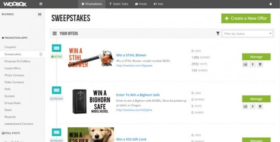 Look for the new offer button in the upper right corner of the Woobox dashboard.