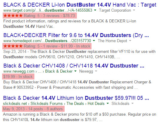 Samples of rich snippets in Google search results.