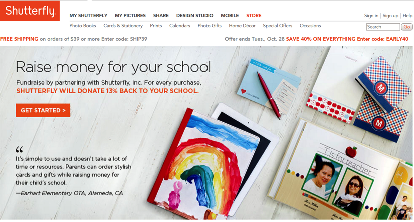 Shutterfly uses ShareASale's Storefront interface to power its fundraising program, giving schools 13 percent of all purchases. made.
