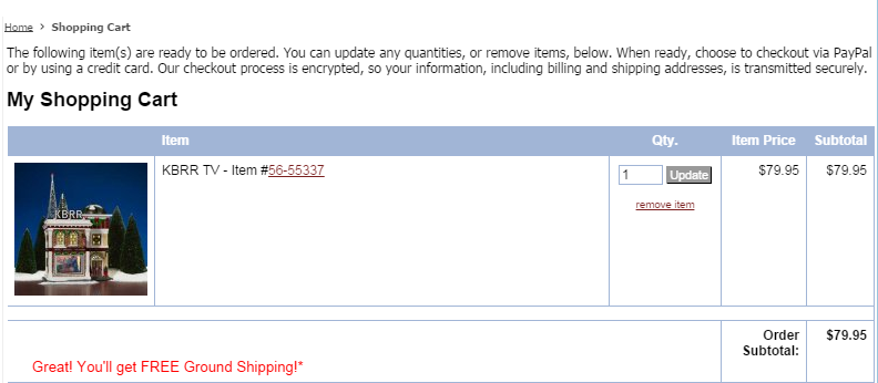 Snapshot of shopping cart header, which reads, "The following item(s) are ready to be ordered. You can update any quantities, or remove items, below. When ready, choose to checkout via PayPal or by using a credit card. Our checkout process is encrypted, so your information, including billing and shipping address, is transmitted securely."