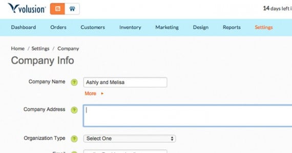 Enter company information using the Volusion form.