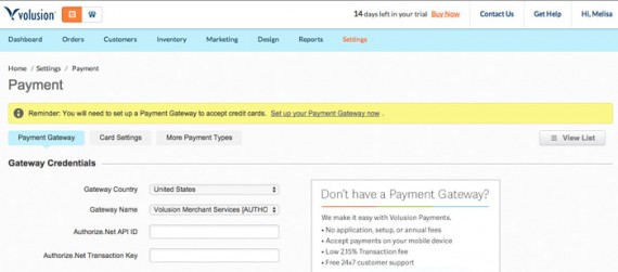 Volusion users will need to set up payment options too.