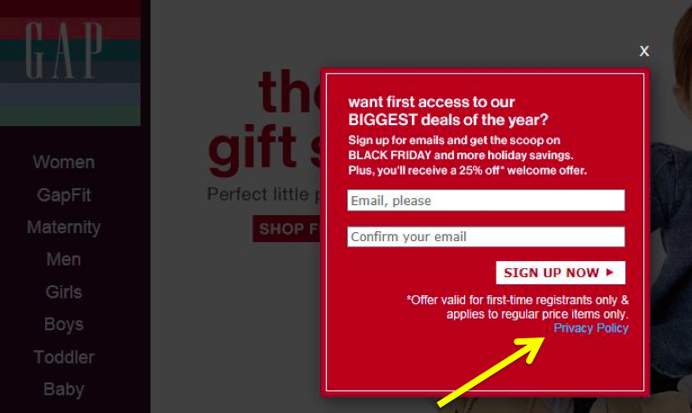 Gap includes a "Privacy Policy" link directly on its email signup form.