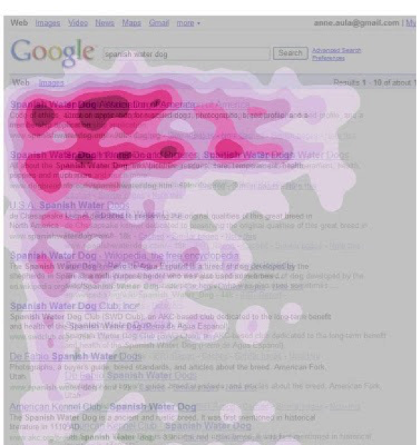Heatmaps show that people view web pages in an F shape — first looking from left to right, then back to the left and down. Source: Google.