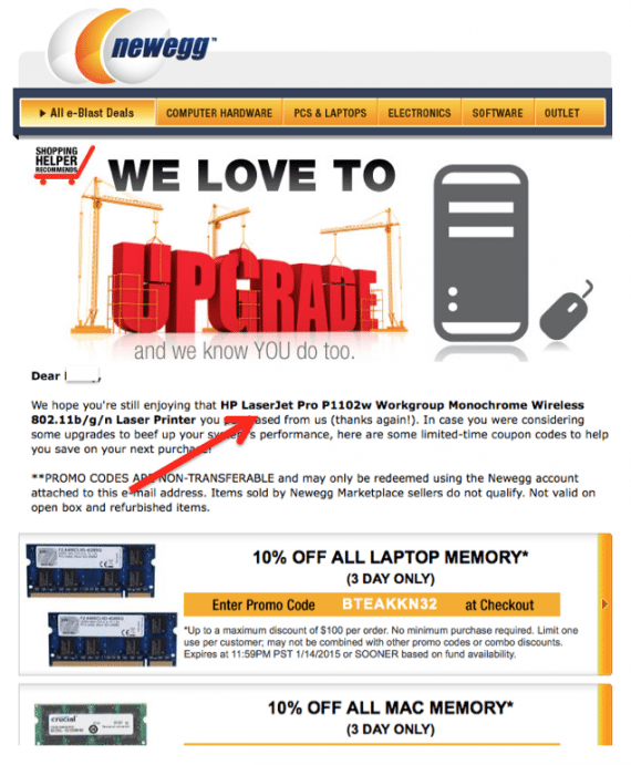 This follow-up email from Newegg arrived after the purchase of a HP LaserJet printer, offering coupons for related purchases.