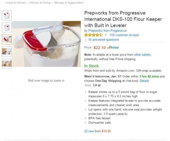 Always consider how people shop! This flour keeper falls under the 3-1/2 to 4 quart range. However, what most people want to know is how many pounds of flour it holds. This is where a navigation filter of “Holds…” (followed by poundage) can help. Source: Amazon