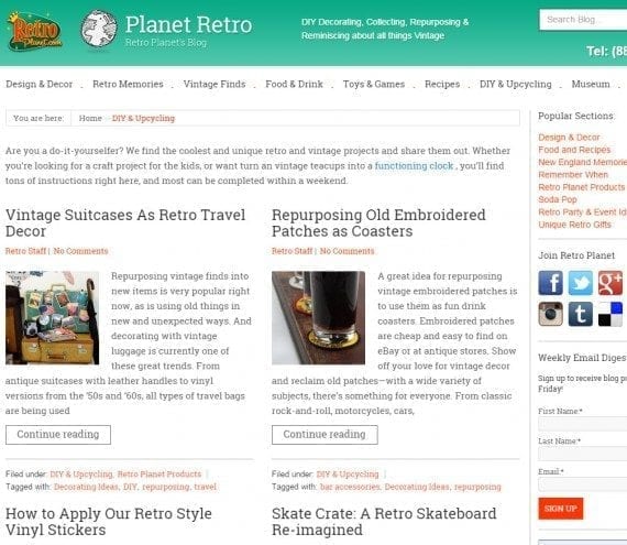 RetroPlanet.com’s DIY blog caters to those who like to decorate in vintage style. Some posts feature products that Retro Planet sells, but many do not.
