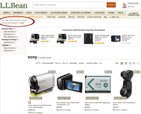 L.L. Bean makes the error less apparent, and assumes the user meant “Sony”. It’s an on-target assumption, though a shopper could have meant something else.