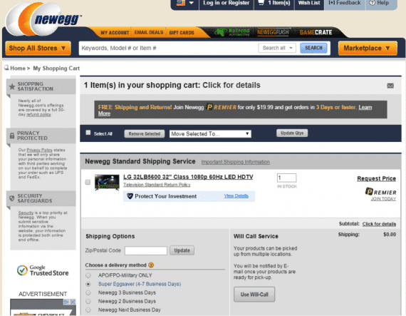 Whether the price was emailed or not, the shopper is left to check out, unsure of the price of the item. Source: Newegg.