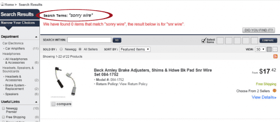After entering the term “sonry wire” Newegg’s search system returns items for “snr wire”.