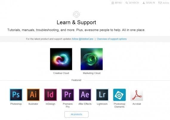 Adobe’s support landing page makes it easy to find a user’s product. Of course, specific areas of support are also direct linked from each software’s product page.