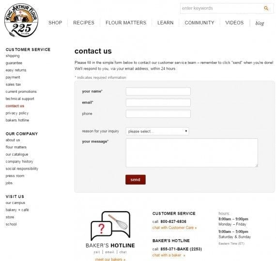 King Arthur Flour includes phone numbers and hours of operation, as well as live chat. 