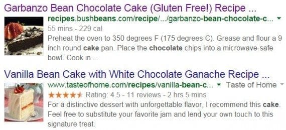 A Google search result listing for “bean chocolate cake recipe” with photos and other rich snippets