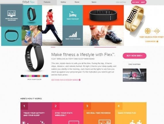 The Flex’ design and features are front and center. The page relies on both text and graphics to get the message across. While a purchase button is present, selling is not the main focus of the page.