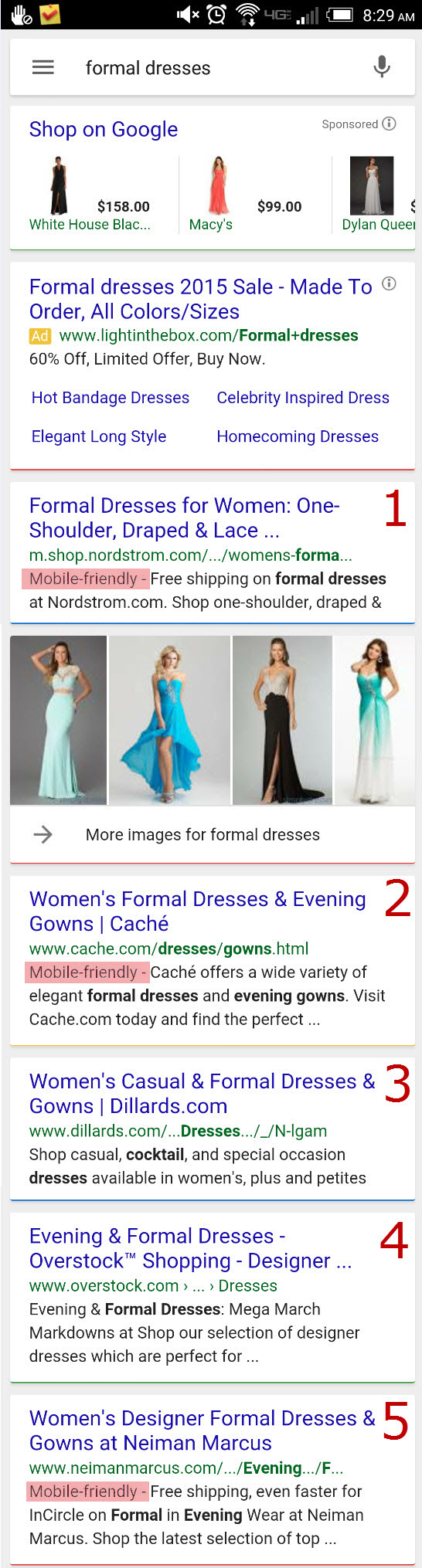 Sample mobile search results on Google for “formal dresses” on a smartphone.