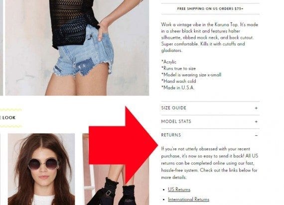 Nasty Gal includes its return policy information on its product detail pages.