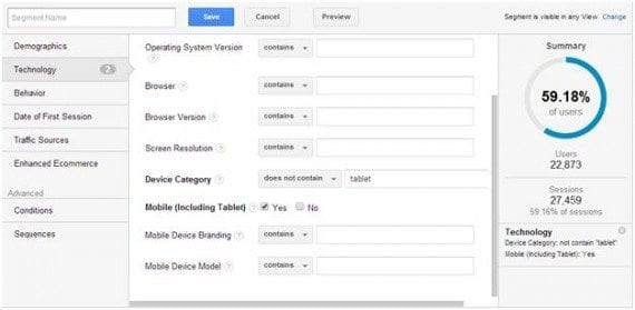 Google Analytics provides a pre-loaded advanced segment for mobile traffic; but it includes tablet traffic.