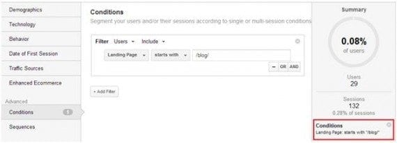 To view the volume of traffic from your blog, create a segment to view visitors that have started their sessions from a blog page.