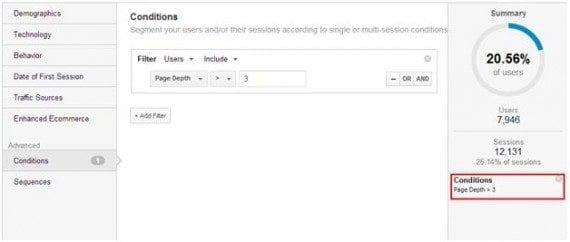 The "Page depth" segment reveals users that have viewed three or more pages over their session on your site.