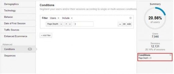 The "Page depth" segment reveals users that have viewed three or more pages over their session on your site. 