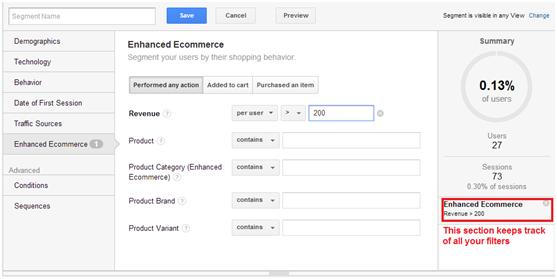 When adding a condition, you get an indicator in the summary pane on the right — Revenue of $200 in this example.