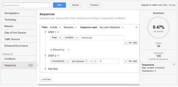 To see users that have started a checkout process but did not purchase, use a page condition ("Step 1") to represent adding something to cart. Then evaluate if the transaction was equal to zero during the session ("Step 2").