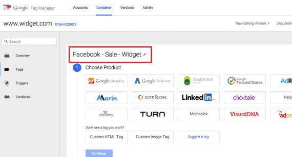 Clicking “Untitled Tag,” we'll call our new tag “Facebook – Sale – Widget.”